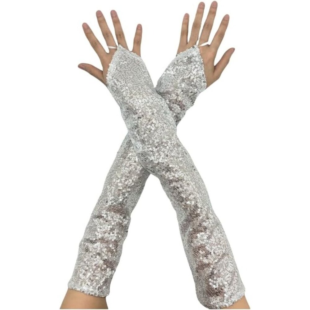 Women's A-Silver Fashion Evening Sparkly Glitter Sequins Lace Gloves Party Prom